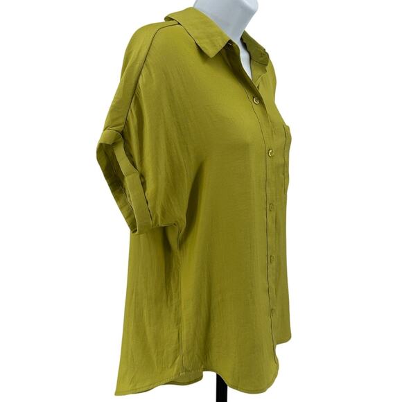 Joie Blouse WMNS S Moss Green Button Up Collared Short Sleeve Cuffed Pleated Top - Picture 2 of 7